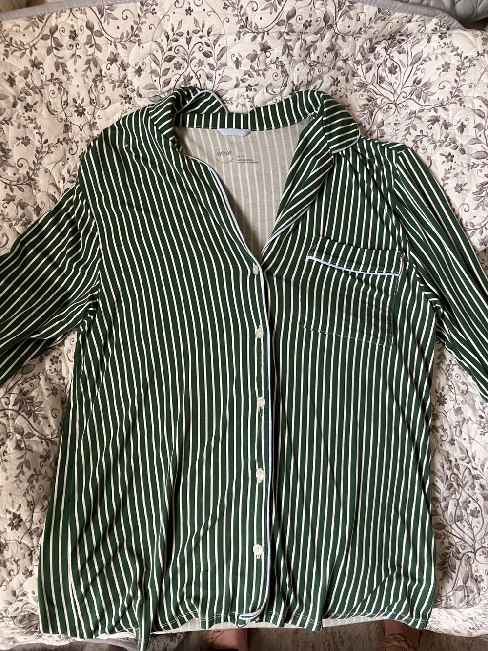 aerie Christmas Green and White Striped Button-Down Shirt
